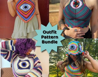 4 Pattern Bundle - Crochet Eye Outfit - Eye Sweater, Eye Top, Bucket Hat, Crochet Third Eye Pattern Bundle.