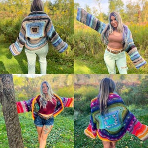 May include: A colorful crochet cardigan with a square pattern in the center. The cardigan is shown being worn by a person in four different poses.