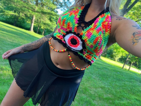 Made to Order Crochet Crop Top Trippy Festival Psychedelic Rave Babe Kandi  Top Handmade Crochet Bralette 