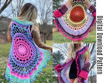 The Manic Pixie Vest Pattern - Crochet Mandala Duster Vest - Crochet Shawl, Mandala Sweater Pattern