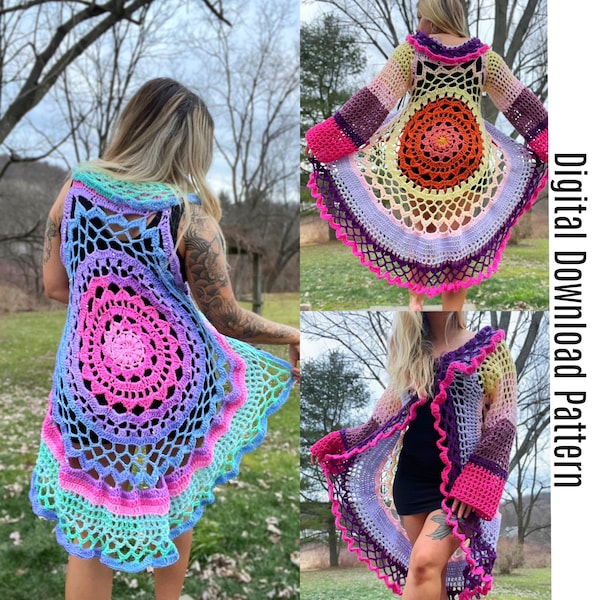 Crochet Mandala Duster Vest Pattern: Customizable Shawl Sweater (Digital Download)