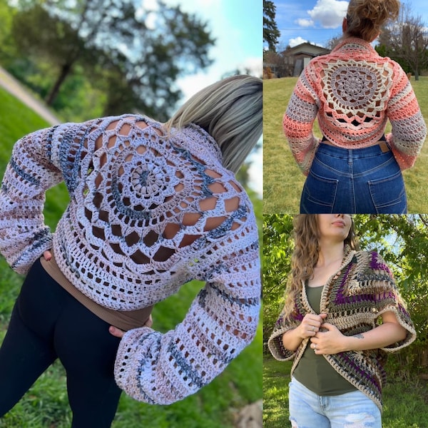 The Sundial Shrug - Crochet PDF Pattern - Mandala Shrug Cardigan Boho Sweater, Summer Crop Top Geometric Crochet Square Pattern Trippy