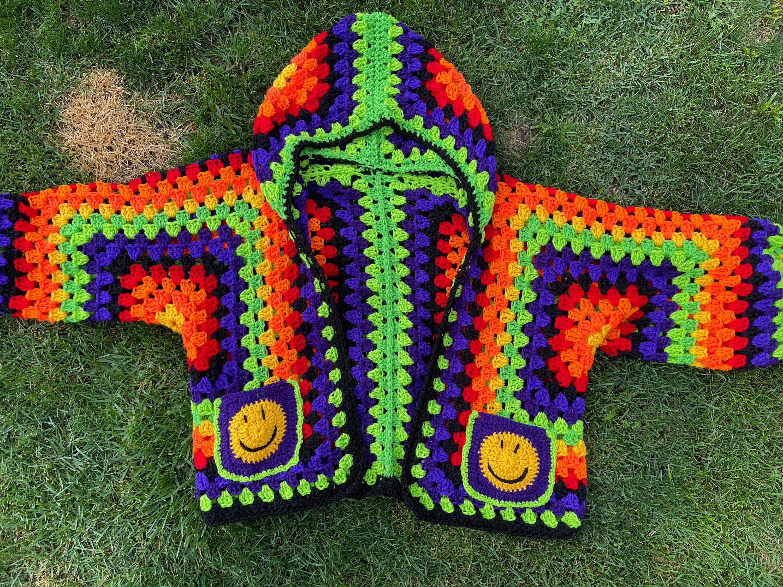 Made-to-order Crochet Hexagon Cardigan: Neon Smiley Face Festival