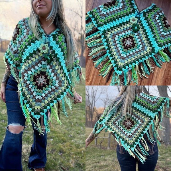 Granny Square Crochet Poncho Pattern: Beginner Friendly Boho Fringo (Digital Download)