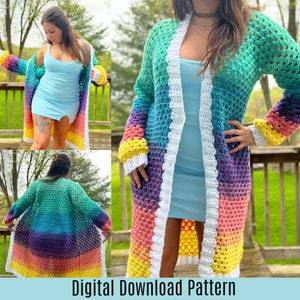 May include: A long, rainbow crochet cardigan with a white crocheted trim. The cardigan is open in the front and has long sleeves. The cardigan is made with a variety of colors, including yellow, orange, pink, purple, blue, and green. The cardigan is shown being worn by a person. Digital Download Pattern.