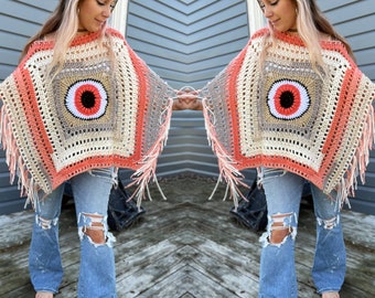 Optic Nervana Poncho Pattern - Crochet Digital Download Trippy Third Eye Sweater Poncho - Eye Crochet Square Boho Fringe Outfit Hippie Shawl