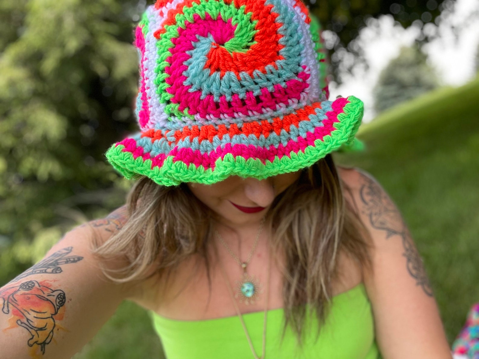 Neon Bucket Hat Trippy Crochet Spiral Bucket Hat Etsy