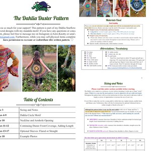 May include: A crochet pattern for a Dahlia Duster, featuring a table of contents with instructions for sizing, neckline, armhole opening, sleeves, and more. The pattern includes a size chart for shoulder width in inches.