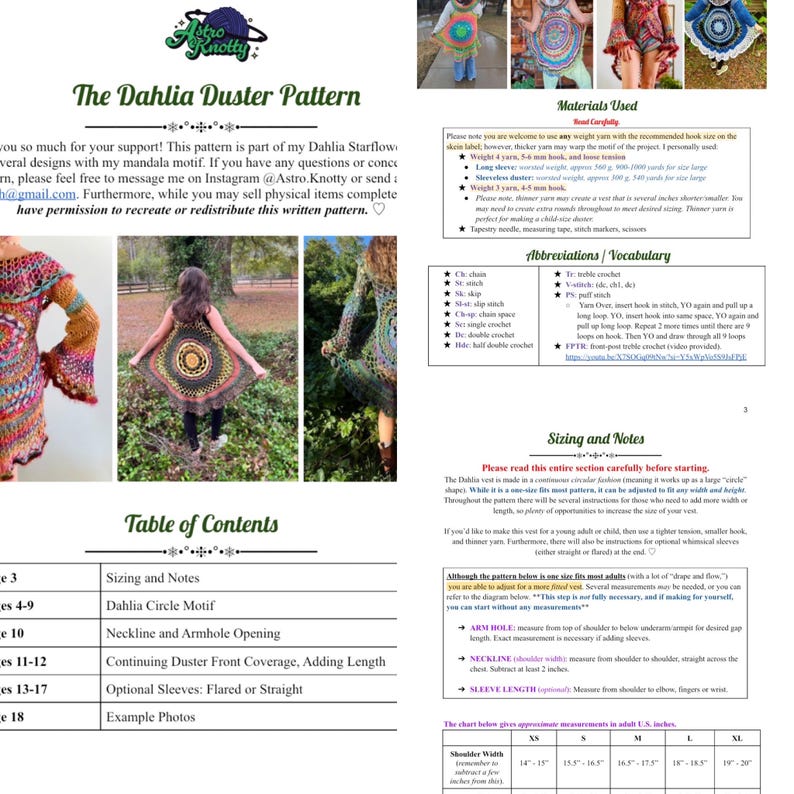 May include: A crochet pattern for a Dahlia Duster, featuring a table of contents with instructions for sizing, neckline, armhole opening, sleeves, and more. The pattern includes a size chart for shoulder width in inches.