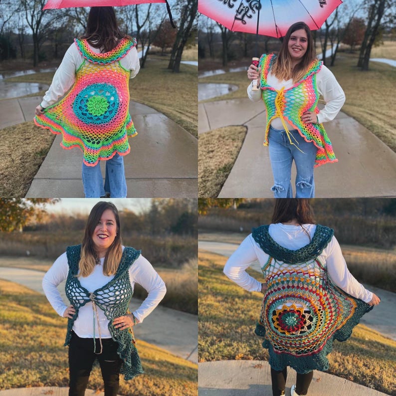 May include: Four different views of a crocheted vest with a rainbow mandala design. The vest is made with a variety of colors, including pink, blue, green, yellow, and orange. The vest has a long, flowing design and is perfect for layering over a shirt or dress.