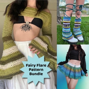 Puede incluir: Un paquete de patrones de crochet con tres diseños de crochet diferentes: un top corto de manga acampanada verde y blanco, un par de polainas verdes, azules y blancas y una falda de crochet azul y verde. El paquete de patrones se llama "Fairy Flare Pattern Bundle".