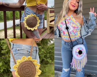 2-in-1 Purse Pattern - Sunflower Crochet Purse and Third Eye Evil Eye Purse Pattern - Beginner Friendly Flower Purse Crochet