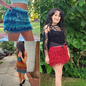 May include: A collage of three images showcasing handmade skirts. One is blue, another is red, and the third is a mix of colors. The skirts have a fringe-like design, creating a textured appearance. The skirts are worn by different people.