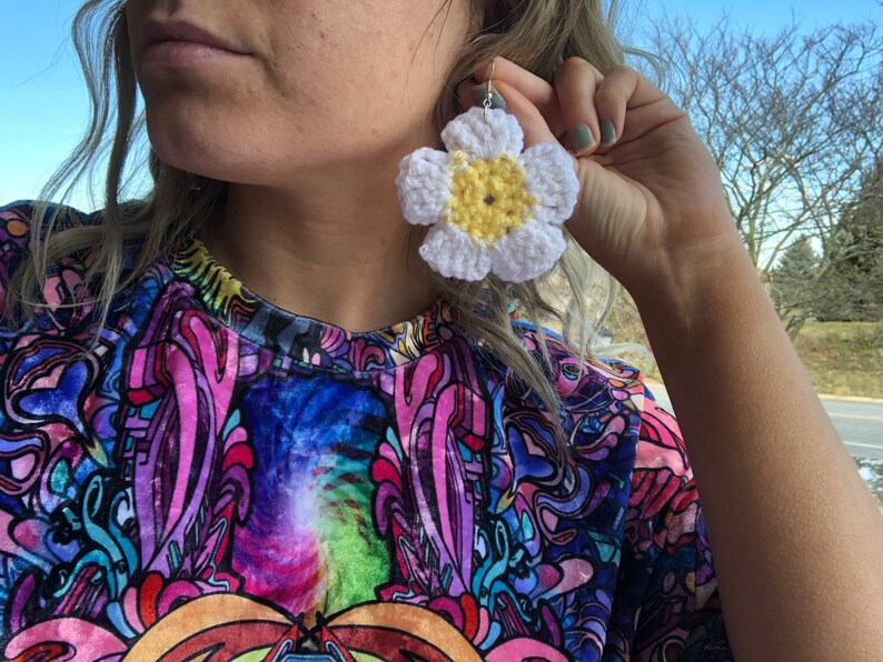 Crochet Daisy Earrings Large Hippie Boho Flower Earrings Handmade Hippie Boho Psychedelic Trippy Rave Festival Earrings Daisy Earrings