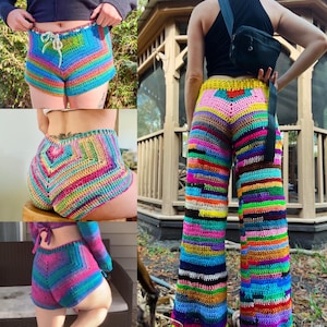 May include: A set of three crochet shorts in different colors and patterns. The shorts are made with a variety of colorful yarns, including pink, blue, green, yellow, and orange. The shorts are all very short and have a high waist.