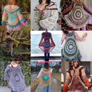 May include: A collection of nine crocheted tops with different colors and patterns. The tops are all made with a circular design in the back and have bell sleeves. Some of the tops have a hood.