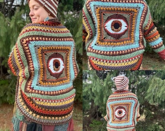 The Body Language Shrug Pattern - Third Eye Sweater Crochet Eye Shawl - Evil Eye Crochet Pattern Shrug - PDF Trippy Outfit