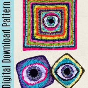 Puede incluir: Un patrón de crochet colorido con un cuadrado grande que contiene un cuadrado más pequeño en el centro. El cuadrado más pequeño tiene un diseño circular con un centro negro y anillos concéntricos de diferentes colores. Hay dos cuadrados más pequeños con el mismo diseño, uno en morado y azul y el otro en amarillo y marrón.