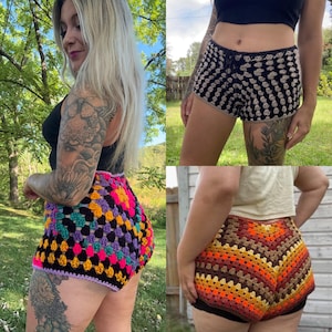 May include: A collection of handmade crochet shorts in various colors. One pair features a black and cream pattern, another showcases a vibrant mix of pink, purple, yellow, and teal, and a third displays warm tones of brown, orange, and yellow.