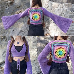 The Dahlia Wrap Top Pattern - Crochet Mandala Front Tie Bell Sleeve Coverup - Beach Boho Hippie Crop Top Pattern