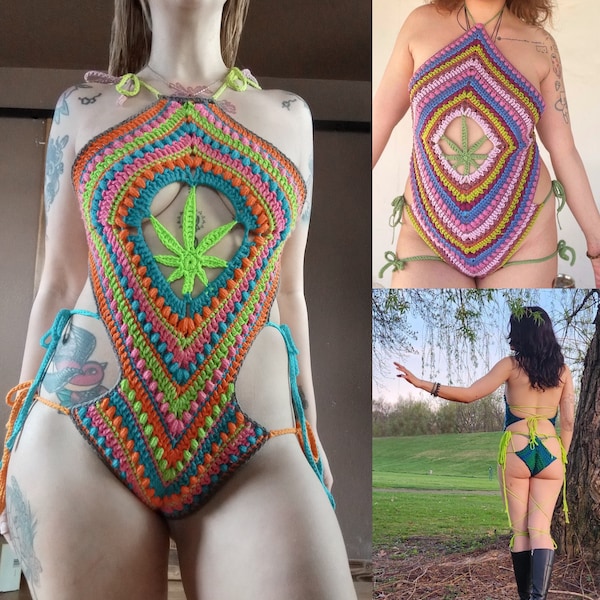 Kush Bodysuit Crochet Pattern - PDF Digital Download 420 Hippie Lingerie Swimsuit - Crochet Leaf Top Leotard Pattern - Sexy BeachBabe Outfit