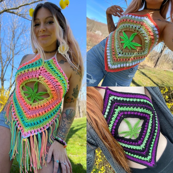 Top dos nu The Kush Kween - motif de haut court Mary Jane 420 au crochet - haut en losange - motif festival trippy au crochet Boho hippie PotLeaf PDF