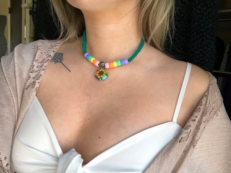 Kandi Pony Bead Festival Necklace Sunflower Hemp Choker Sunflower Pendant Hemp Necklace Hippie Boho Rave Rainbow Pride Flower