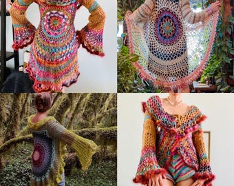 The Dahlia Duster Pattern - Crochet Mandala Vest Circle Vest - Mandala Long Sleeve Cardigan - Trippy Boho Crochet Geometric Vest Pattern