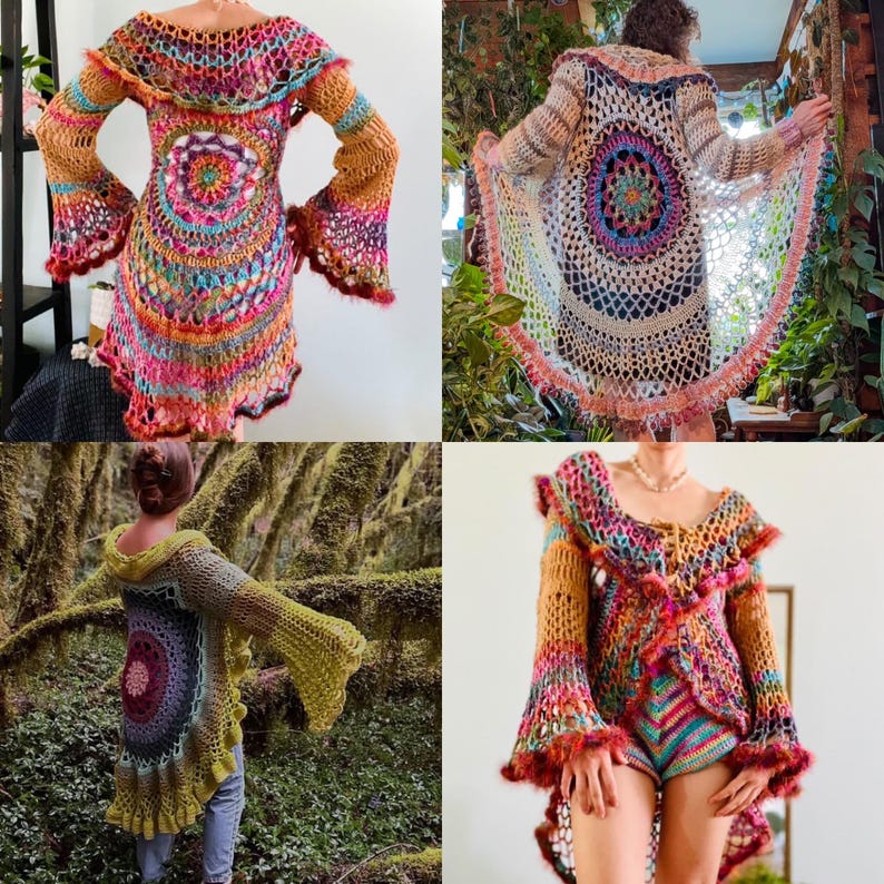 May include: Four different crochet tops in various colors, including pink, blue, green, and yellow. The tops feature a circular design in the center and bell sleeves.