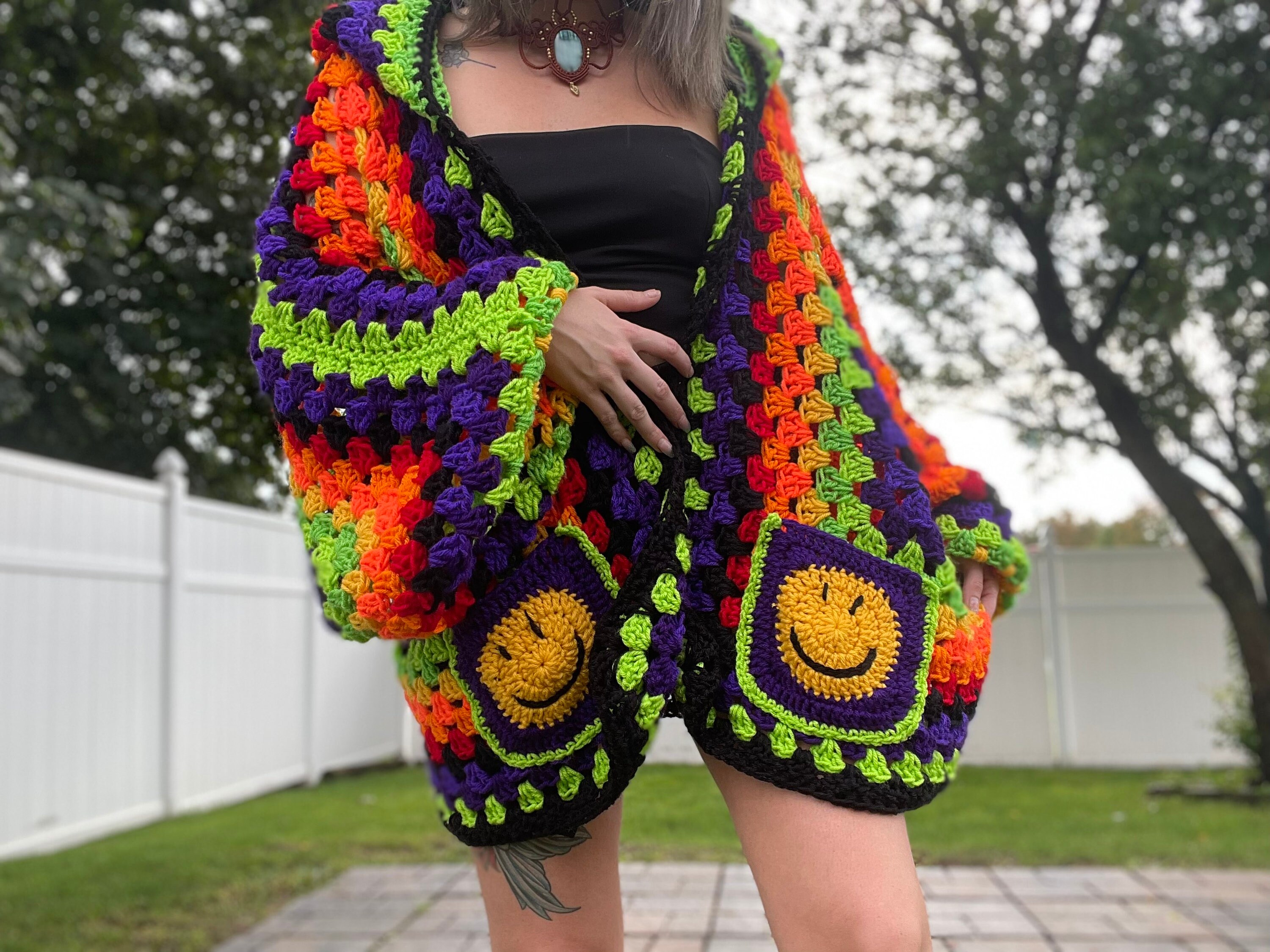Made-to-order Crochet Hexagon Cardigan: Neon Smiley Face Festival
