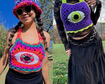 Eye Candy Vest Pattern - Crochet Halloween Hippie Festival Third Eye Granny Square Crop Top - Astroknotty Crochet Pattern Evil Eye Top