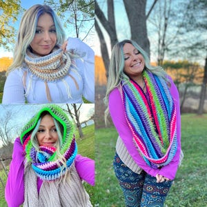 May include: Three women wearing different colorful crocheted infinity scarves. The scarves are made with various colors of yarn and have a variety of textures.