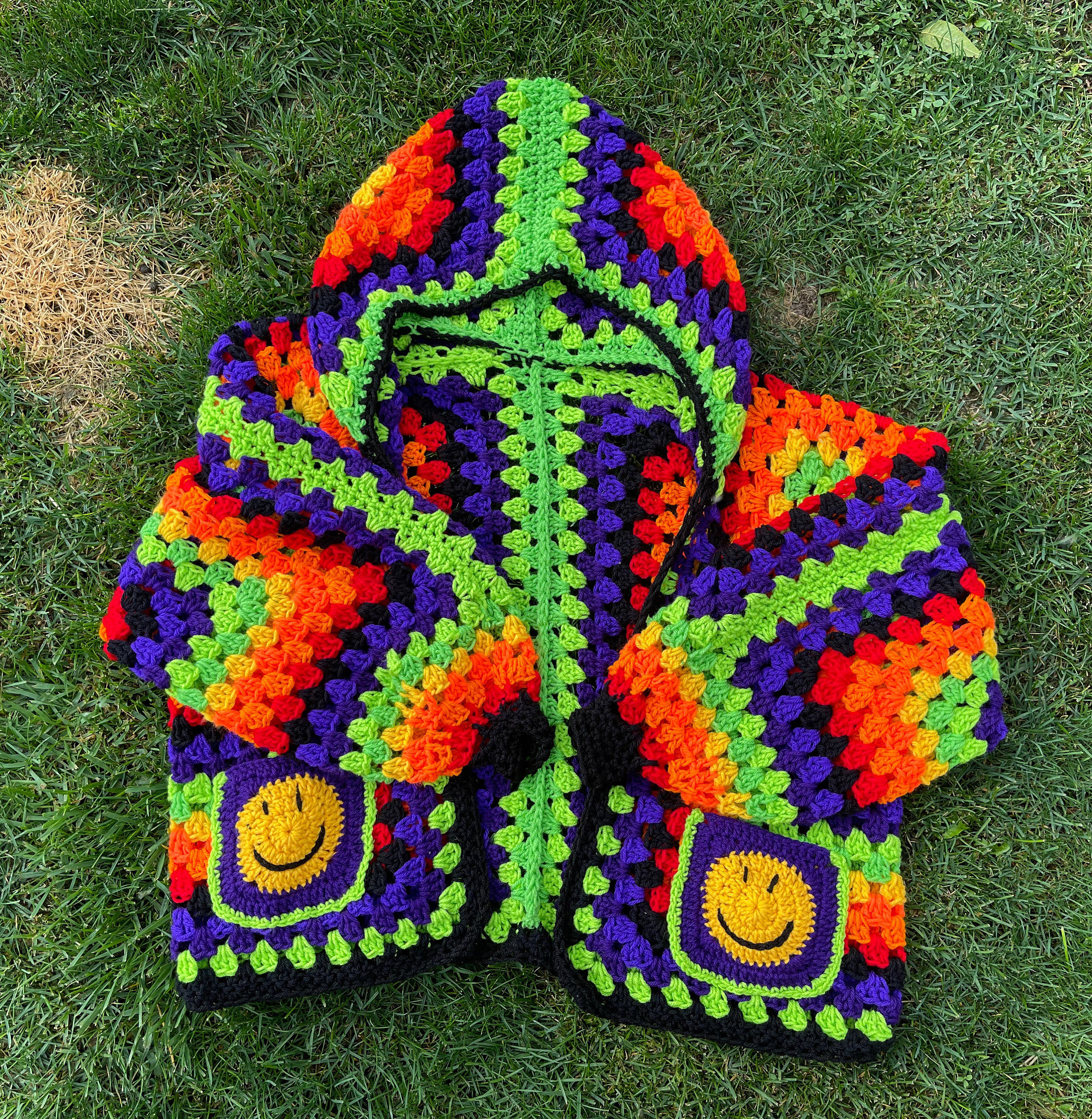 Made-to-order Crochet Hexagon Cardigan: Neon Smiley Face Festival
