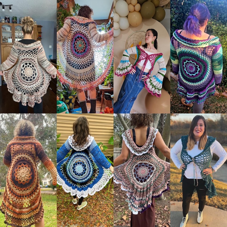 May include: A collection of crocheted tops in various colors and styles. The tops feature a circular design in the center and are made with a variety of stitches. Some of the tops have long sleeves, while others have short sleeves or are sleeveless. The tops are all made with a lightweight yarn and are perfect for layering.