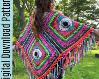 Trippy Eyeball Crochet Poncho Pattern: Boho Fringe Shawl (PDF Digital Download)