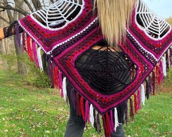 Spiderweb Poncho Pattern - Crochet Halloween Spiderweb Granny Square Shawl - Adult Size Only - Festival Spooky Season Crochet Outfit PDF