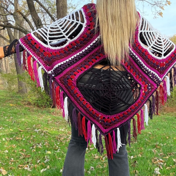 Spiderweb Poncho Pattern - Crochet Halloween Spiderweb Granny Square Shawl - Adult Size Only - Festival Spooky Season Crochet Outfit PDF