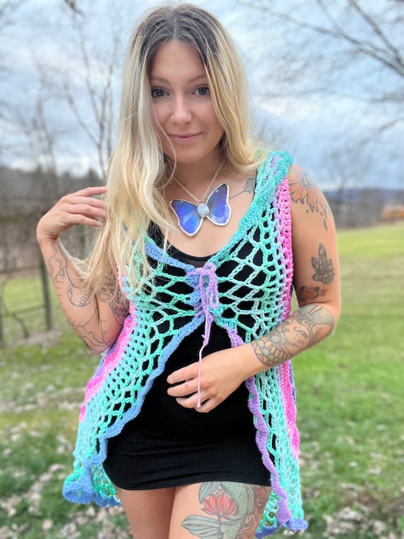 One Size Manic Pixie Vest - Sleeveless Crochet Duster Vest