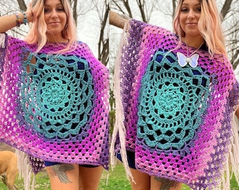 Celestial Cape Pattern - Crochet PDF Fringe Hippie Boho Poncho - Crochet Festival Pattern Mandala Sacred Geometry