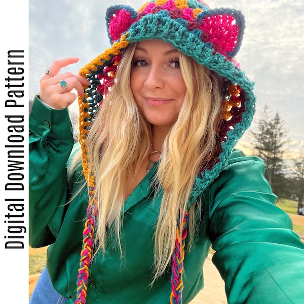 Fairy Beary Hood Pattern - PDF Download - Crochet Granny Hood Hat Pattern - Pixie Fairy Forest Bear Kitten Hood