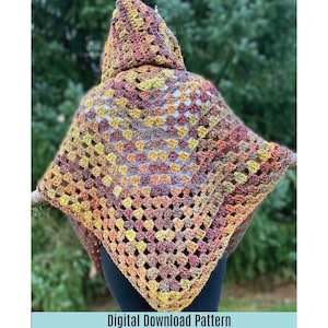 PDF Pattern - Hooded Shawl  - Customizable Beginner-Friendly Easy Crochet Pattern Granny Cluster Stitch Triangle Poncho with Hood