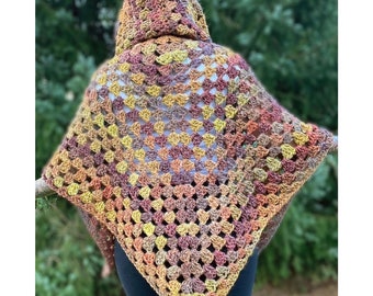 PDF Pattern - Hooded Shawl  - Customizable Beginner-Friendly Easy Crochet Pattern Granny Cluster Stitch Triangle Poncho with Hood