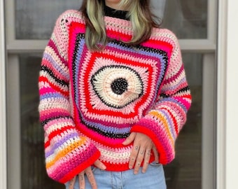 Eye Candy Sweater Pattern - PDF Eye Sweater Crochet Cardigan - Trippy Sweater Beginner Friendly