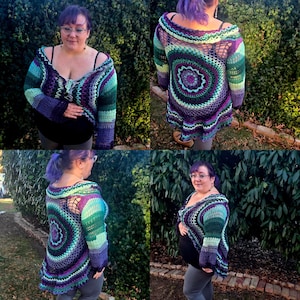 May include: A multi-colored crochet cardigan with a large circular design in the back. The cardigan is made with shades of green, purple, and blue yarn.