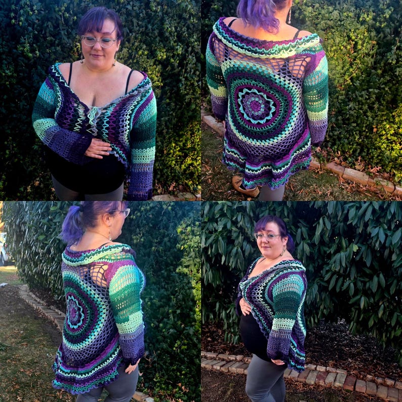 May include: A multi-colored crochet cardigan with a large circular design in the back. The cardigan is made with shades of green, purple, and blue yarn.
