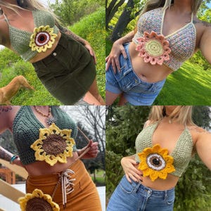 May include: A collection of four crochet halter tops, each featuring a sunflower design. The tops are in various colors, including green, pink, and beige, and are paired with denim shorts and skirts. The sunflower details are in yellow, brown, and white.