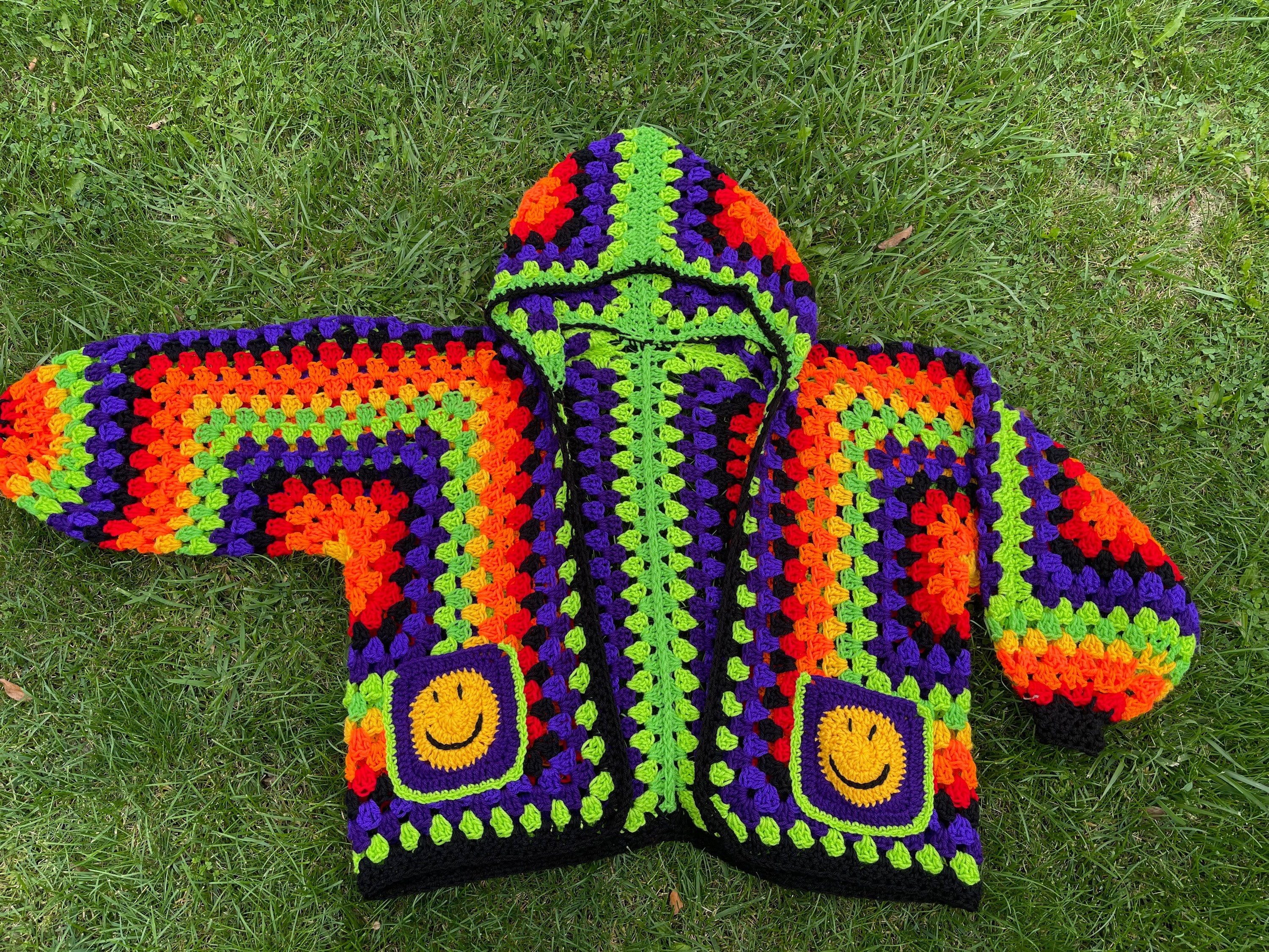Made-to-order Crochet Hexagon Cardigan: Neon Smiley Face Festival