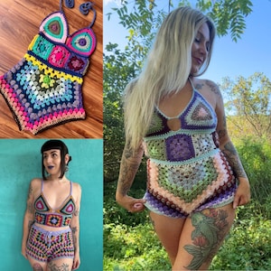 May include: Handmade crochet top and shorts set in a patchwork design. The top features a halter neck and a keyhole detail. The shorts have a drawstring waist. The set is made with various colors including pink, green, purple, and blue.