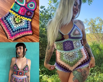 Block Party Playsuit - 2 in 1 Crochet Pattern Romper - Granny Crochet Shorts and Crop Top - Festival Outfit Bodysuit Pattern