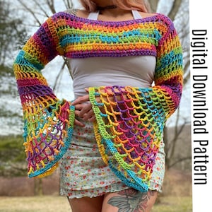 The Manic Pixie Shrug - Crochet Shrug Sleeves Pattern - Bolero Mesh Flared Sleeve Crochet Top